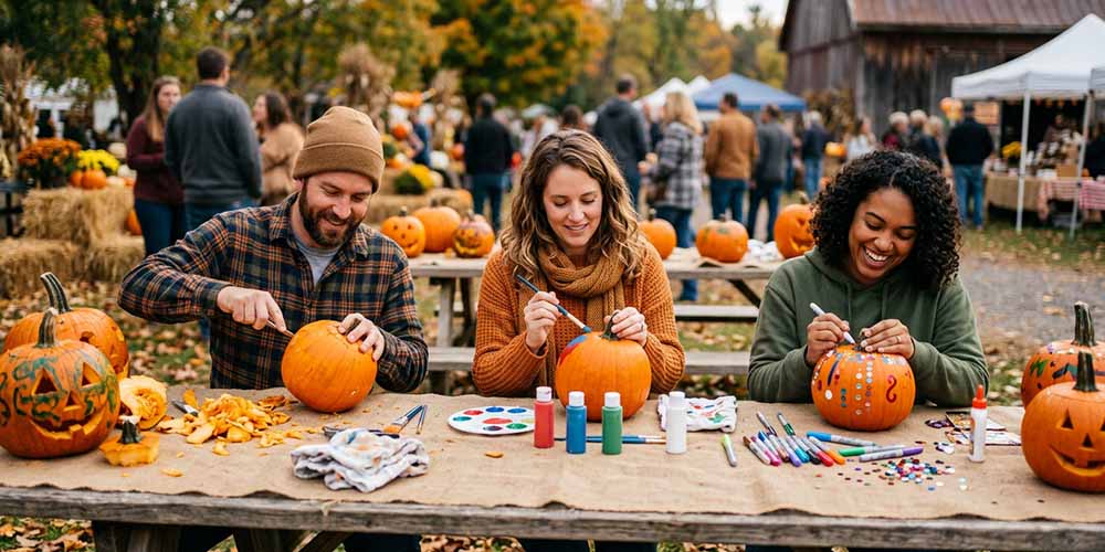 Three people decorating pumpkins at a fall festival