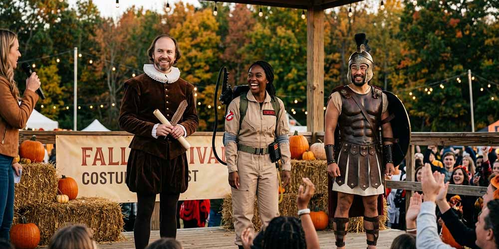 People dressed as William Shakespeare, a ghostbuster and Odysseus.