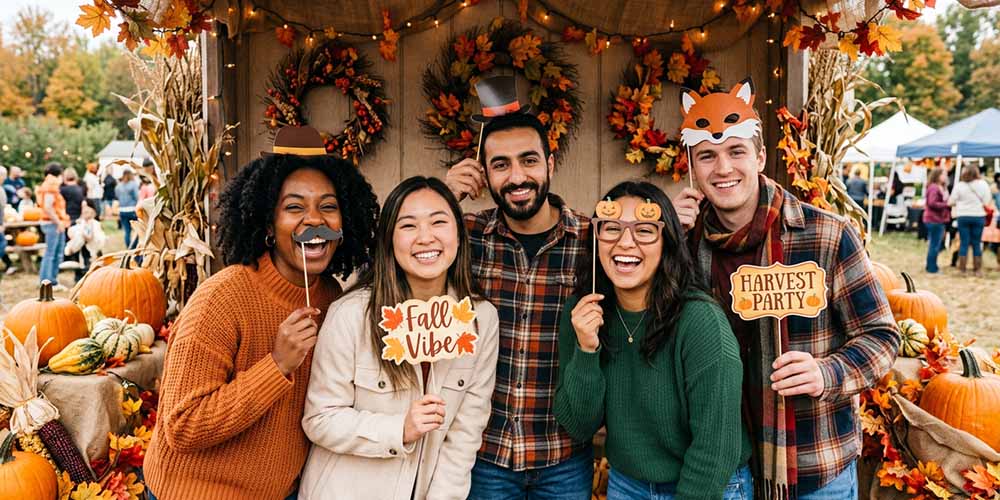Friends in a fall photo booth